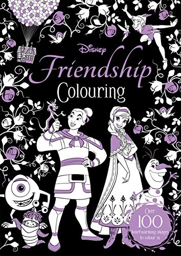 Disney coloring book cover with characters like Mulan, Elsa, and Tinkerbell in line art.