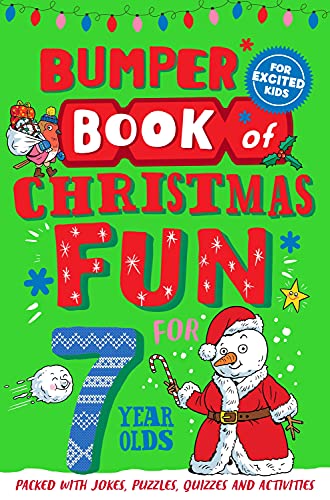 Green cover with colorful illustrations, text reads "Bumper Book of Christmas Fun for 7 Year Olds".