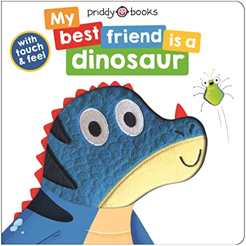 Children's book cover featuring a blue textured dinosaur and a small green insect.