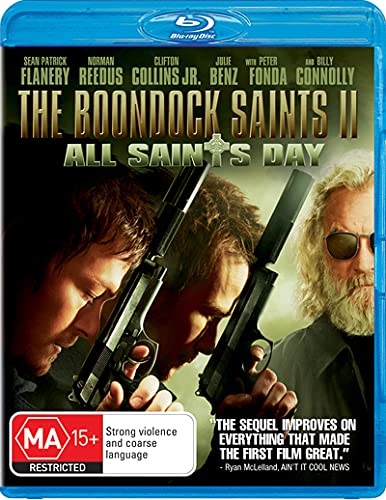 Boondock Saints II" Blu-ray cover featuring actors with guns and a rating sticker.