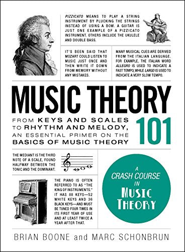 Book cover for "Music Theory 101" with text, portraits, and musical notation.