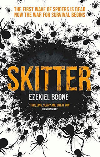 Book cover for "Skitter" featuring a swarm of dark spiders.