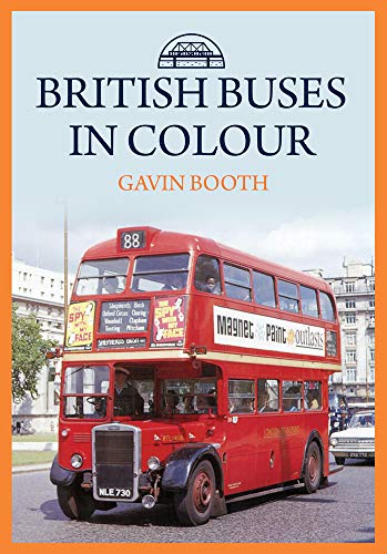 Book cover: red double-decker London bus with advertising, titled "British Buses in Colour".