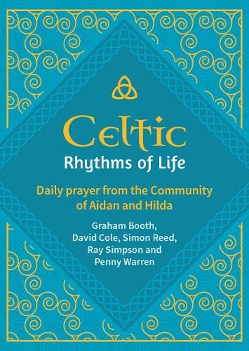 Book cover with teal and gold Celtic knotwork, title “Celtic Rhythms of Life.”