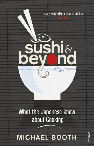 Book cover: “Sushi & Beyond” with illustration of sushi and chopsticks.