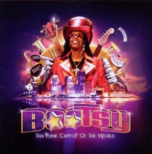 "CD cover featuring Bootsy Collins in red, surrounded by musical instruments and cityscape."