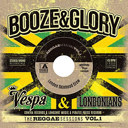 Vinyl record label with reggae colors, “Booze & Glory” text, and central record graphic.