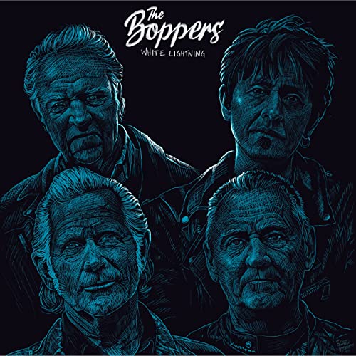 “White Lightning” CD cover featuring four men in blue-toned sketched portraits.