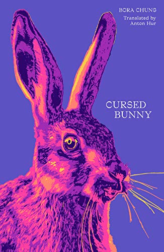 Vibrant purple and pink illustration of a rabbit's head on a blue background.