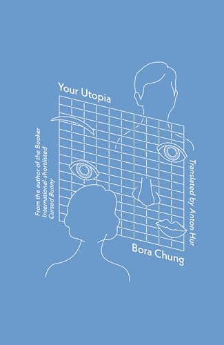 Book cover with white line art of a face behind a grid on blue.