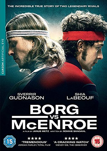 DVD cover featuring Sverrir Gudnason and Shia LaBeouf as tennis rivals Borg and McEnroe.