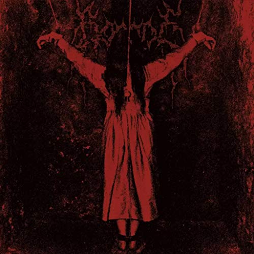 Red monochrome image of a figure suspended by ropes, distressed texture.