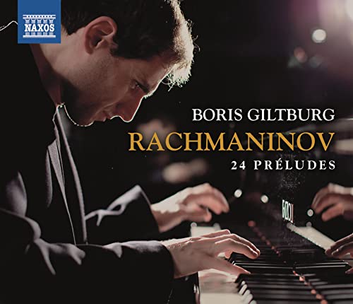 Pianist Boris Giltburg at a grand piano, album cover for Rachmaninov preludes.