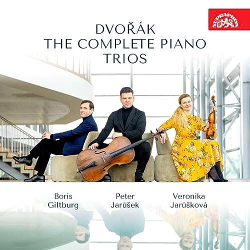 Classical musicians with cello, violin, and piano, album cover for Dvorak trios.