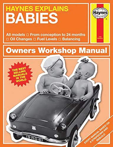 Colorful illustrated book cover with baby and car maintenance elements, humorous cartoon style.