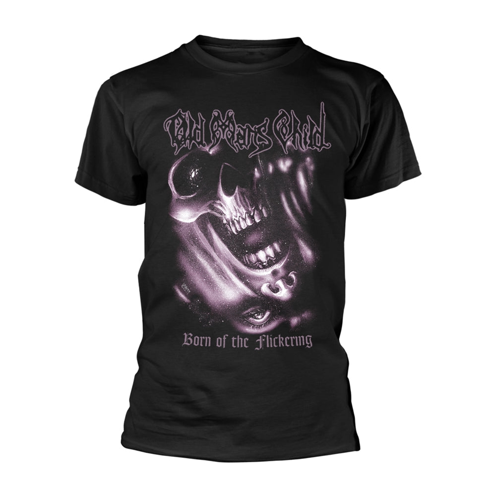 Black t-shirt with a distorted skull and band logo graphic.