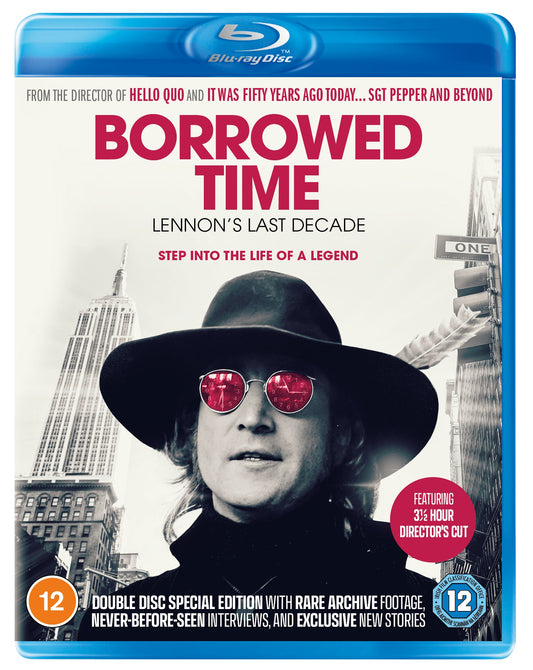 Blu-ray cover for "Borrowed Time," featuring John Lennon with clock imagery.