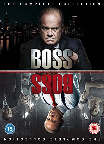 DVD cover for Boss featuring Kelsey Grammer with a split, inverted design.