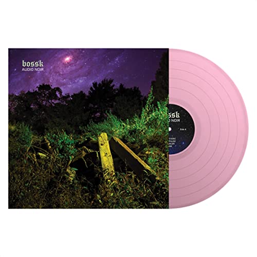 Pink vinyl record with cover art depicting a night landscape and trees.