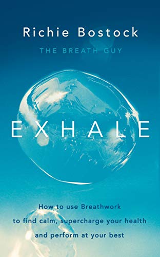 Book cover with blue gradient, bubble image, and white text: "Exhale".