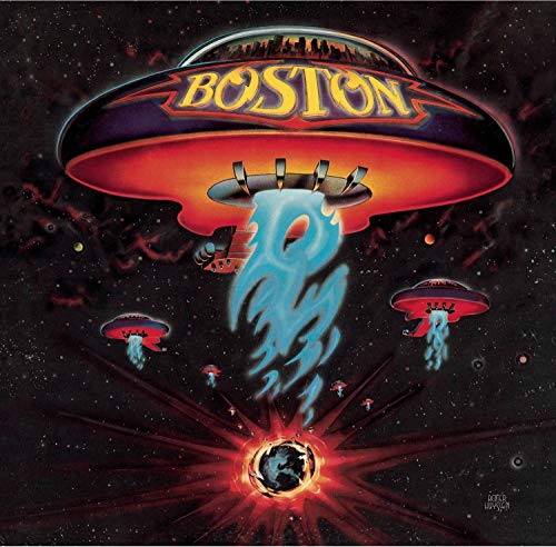 Album cover for Boston’s debut album featuring UFOs and a glowing Earth.