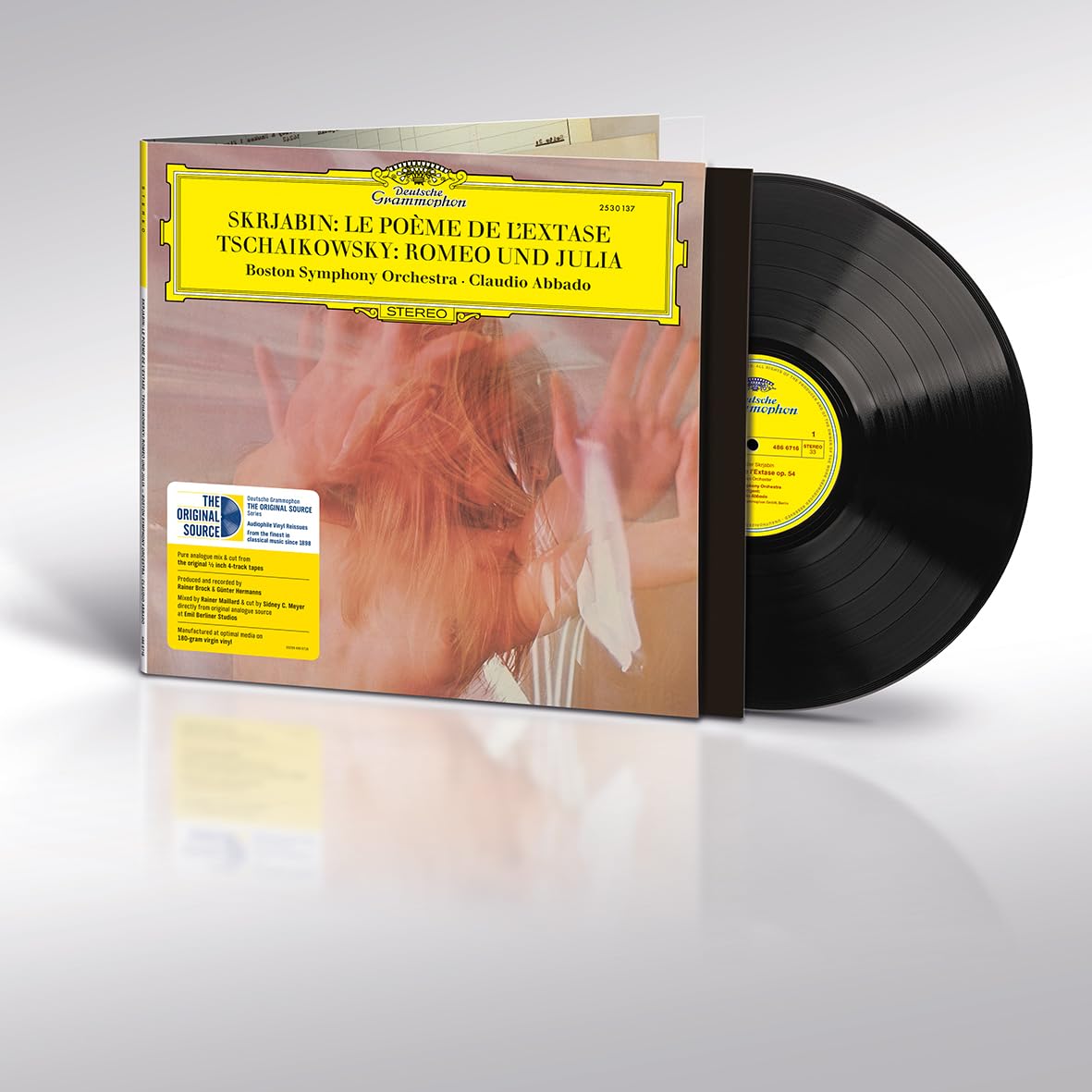Vinyl record of Scriabin and Tchaikovsky, with a gold and white album cover.