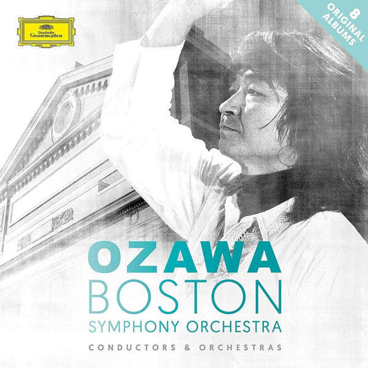 Seiji Ozawa conducting with a building in the background on a music album cover.