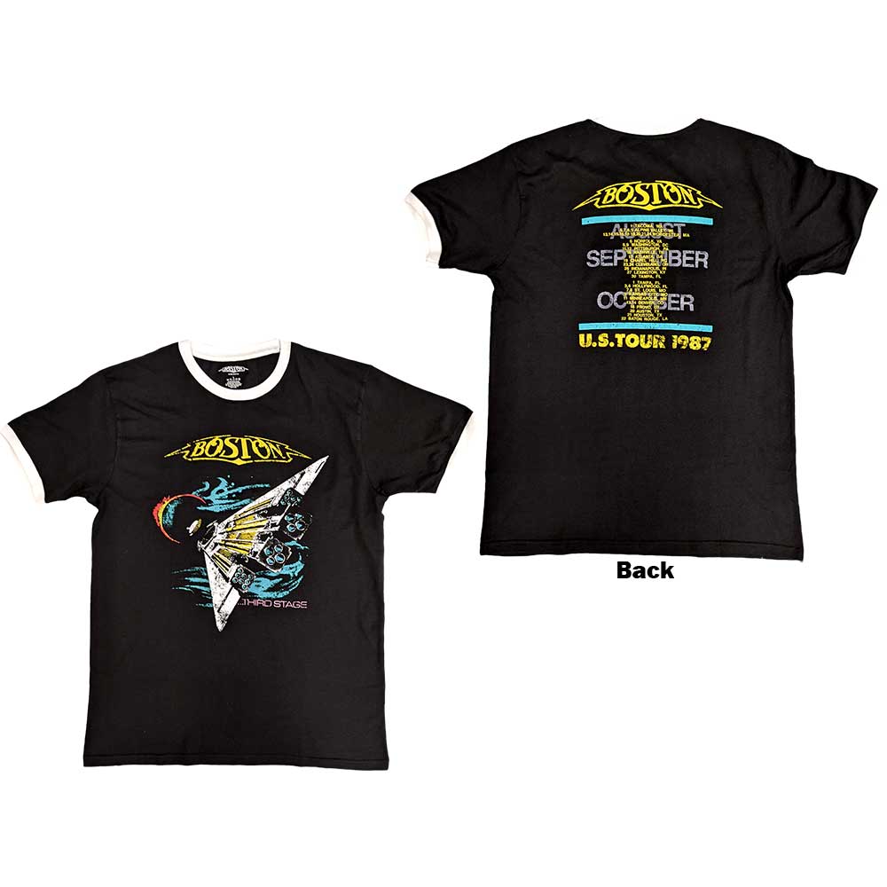 Navy ringer t-shirt with white collar, large back print of “US Tour ‘87”.