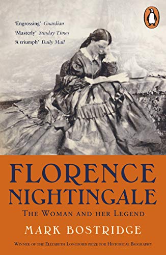Book cover featuring a historical photograph of Florence Nightingale reading on an orange background.