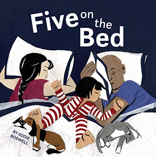 Illustration of diverse people and dogs sleeping together in a bed.