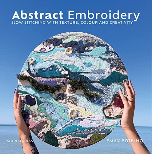 Book cover featuring a textured, colourful, abstract embroidery hoop held by hands.