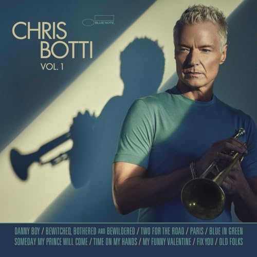 Chris Botti holding a trumpet with his shadow cast on a blue background.