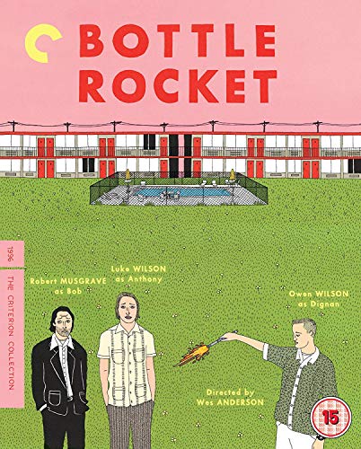 Bottle Rocket" Criterion Blu-ray cover with illustrated housing complex and character portraits.