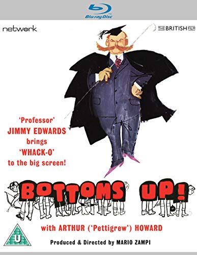 Blu-ray cover for Bottoms Up! featuring a cartoon man in a suit and mortarboard.