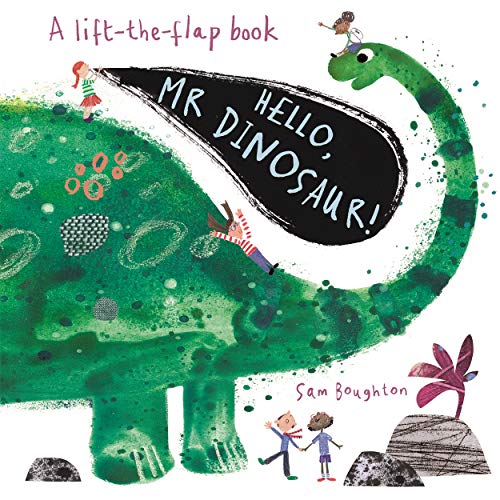 Children playing around a large green dinosaur on the cover of a lift-the-flap book.