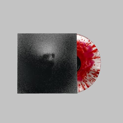 Black square album cover next to a white vinyl record with red splatter design.