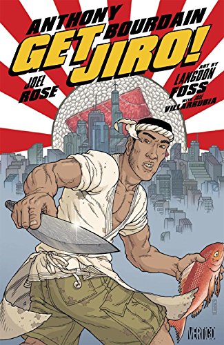 Comic book cover: muscular chef with fish, city skyline background.