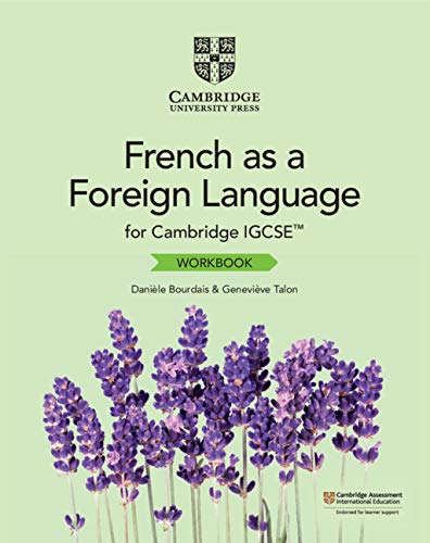 Cambridge IGCSE French workbook cover with lavender flowers.