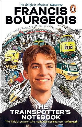 Book cover featuring a young man and illustrated trains above him.