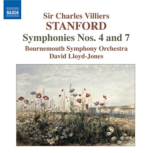 "Album cover with floral painting and text about Stanford symphonies on a white background."