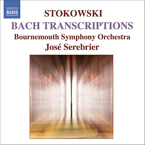 "CD cover with 'STOKOWSKI BACH TRANSCRIPTIONS' title, abstract light-filled image, and NAXOS logo."