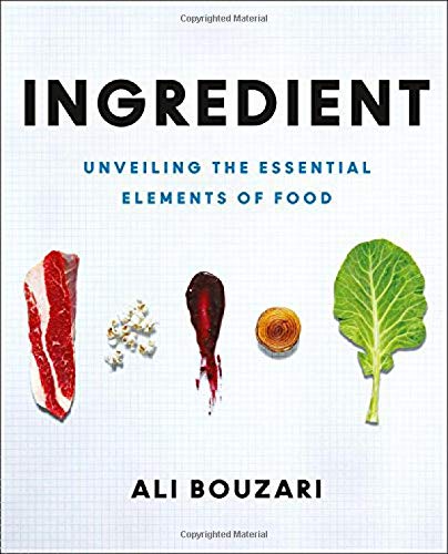 Book cover titled Ingredient with images of meat, popcorn, sauce, onion, and a leaf.