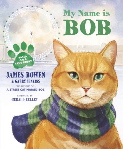 Orange cat Bob with a green scarf, London Eye in background.