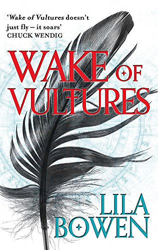 Book cover: dark feathers, red title "Wake of Vultures" by Lila Bowen.