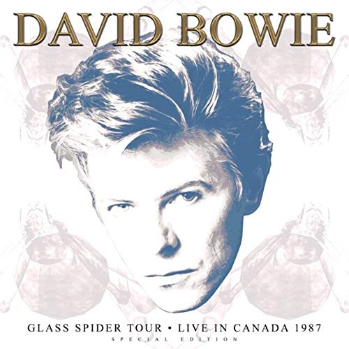 David Bowie’s “Glass Spider Tour” album cover with his portrait and spiders.