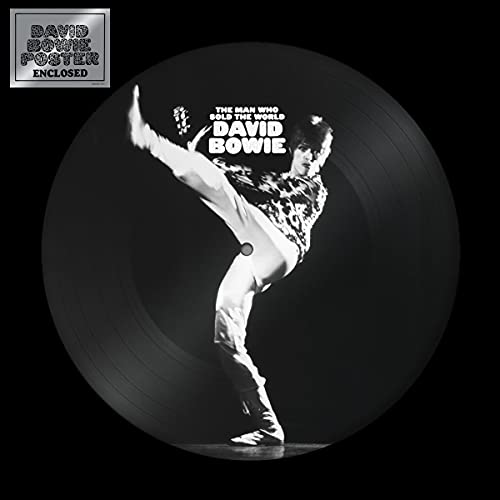 Black vinyl record with a black and white image of David Bowie.