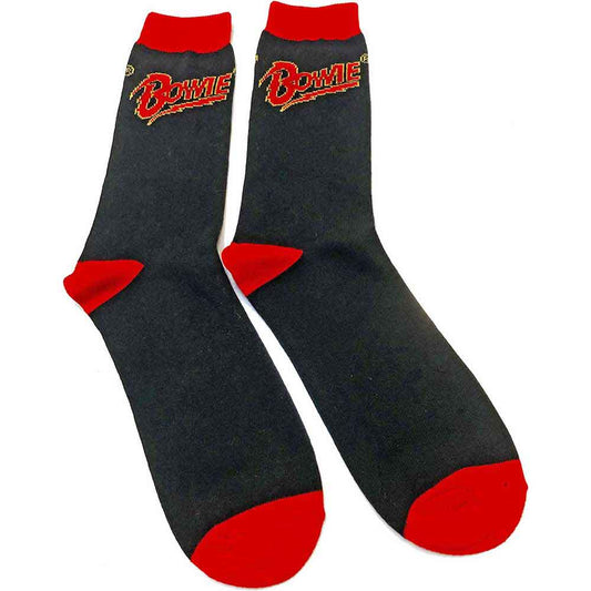 Black sock with red toe, heel, and cuff featuring a red Bowie logo.