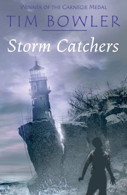 Book cover: lighthouse on a rocky cliff, figure looking up.