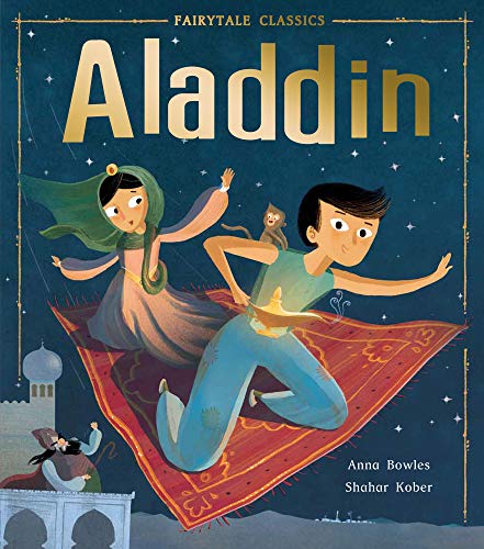 Aladdin and a princess fly on a magic carpet with a monkey and lamp.
