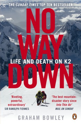 Book cover: snowy K2 mountain with climbers, titled "No Way Down.